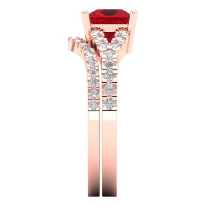 3.4 cttw Princess Cut Simulated Ruby Bridal Set - Solid Rose Gold Engagement Ring & Wedding Band