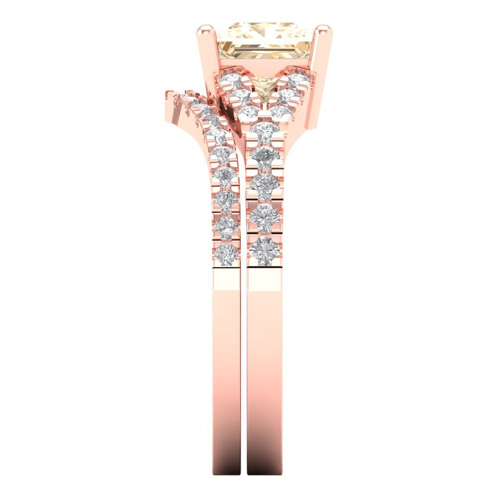 3.4 cttw Princess Cut Natural Morganite Bridal Set - Solid Rose Gold Engagement Ring & Wedding Band