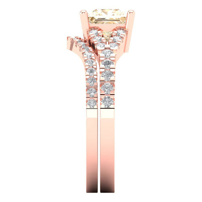 3.4 cttw Princess Cut Natural Morganite Bridal Set - Solid Rose Gold Engagement Ring & Wedding Band