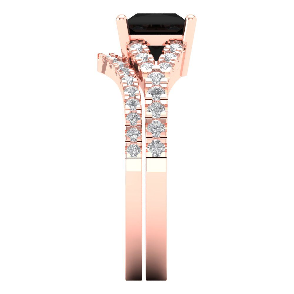 3.4 cttw Princess Cut Natural Onyx Bridal Set - Solid Rose Gold Engagement Ring & Wedding Band