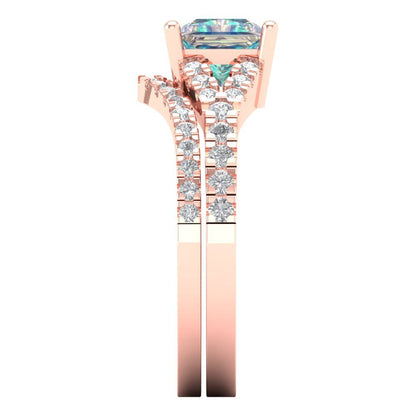 3.4 cttw Princess Cut Blue Moissanite Bridal Set - Solid Rose Gold Engagement Ring & Wedding Band