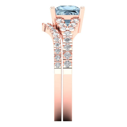 3.4 cttw Princess Cut Natural Aquamarine Bridal Set - Solid Rose Gold Engagement Ring & Wedding Band