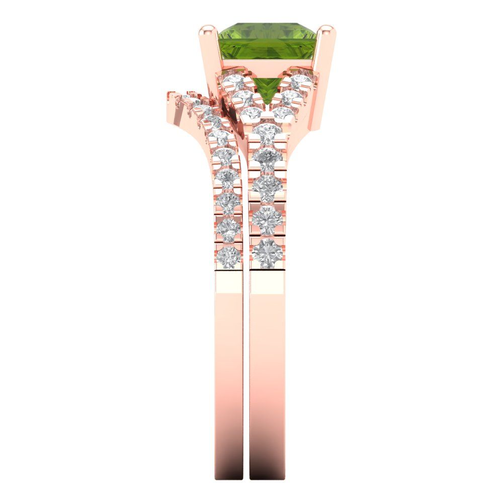 3.4 cttw Princess Cut Natural Peridot Bridal Set - Solid Rose Gold Engagement Ring & Wedding Band