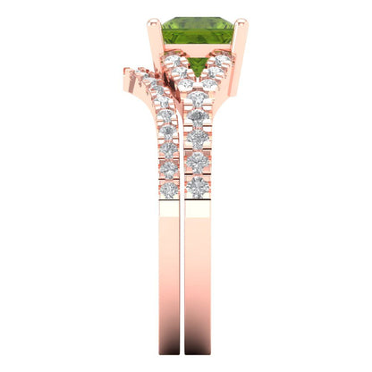 3.4 cttw Princess Cut Natural Peridot Bridal Set - Solid Rose Gold Engagement Ring & Wedding Band