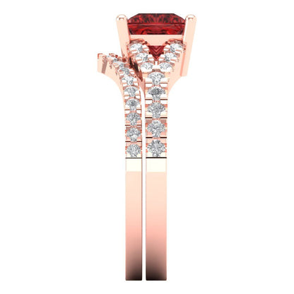3.4 cttw Princess Cut Natural Garnet Bridal Set - Solid Rose Gold Engagement Ring & Wedding Band