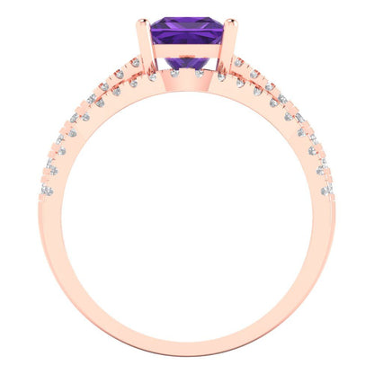 3.4 cttw Princess Cut Natural Amethyst Bridal Set - Solid Rose Gold Engagement Ring & Wedding Band