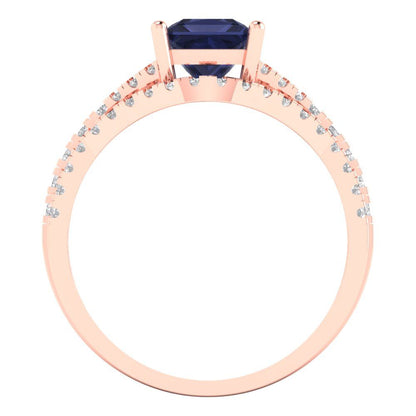 3.4 cttw Princess Cut Simulated Blue Sapphire Bridal Set - Solid Rose Gold Engagement Ring & Wedding Band