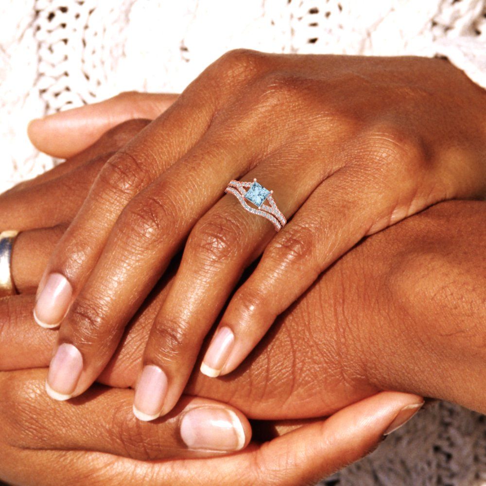 3.4 cttw Princess Cut Natural Swiss Blue Topaz Bridal Set - Solid Rose Gold Engagement Ring & Wedding Band