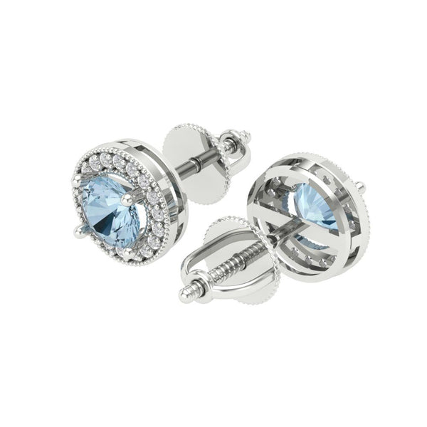 1.18 ct Brilliant Round Cut Halo Studs Blue Simulated Diamond Stone White Gold Earrings Screw back