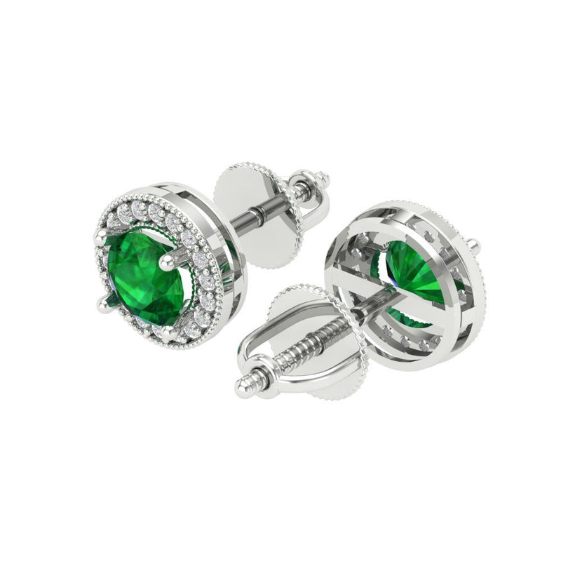 1.18 ct Brilliant Round Cut Halo Studs Simulated Emerald Stone White Gold Earrings Screw back