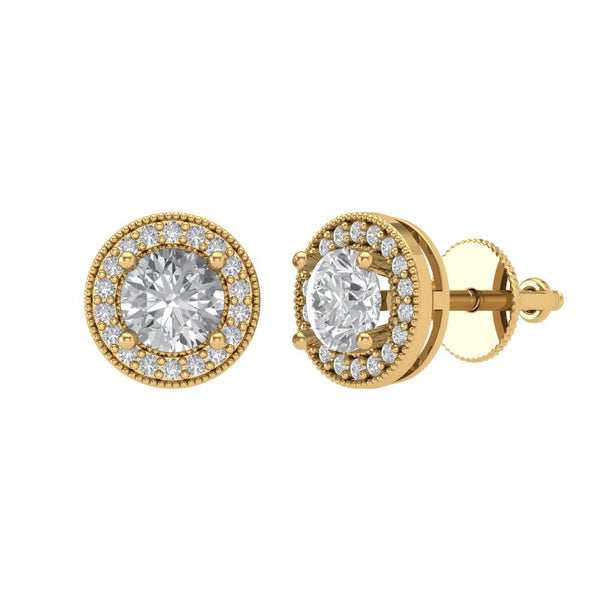 1.18 ct Brilliant Round Cut Halo Studs Clear Simulated Diamond Stone Yellow Gold Earrings Screw back