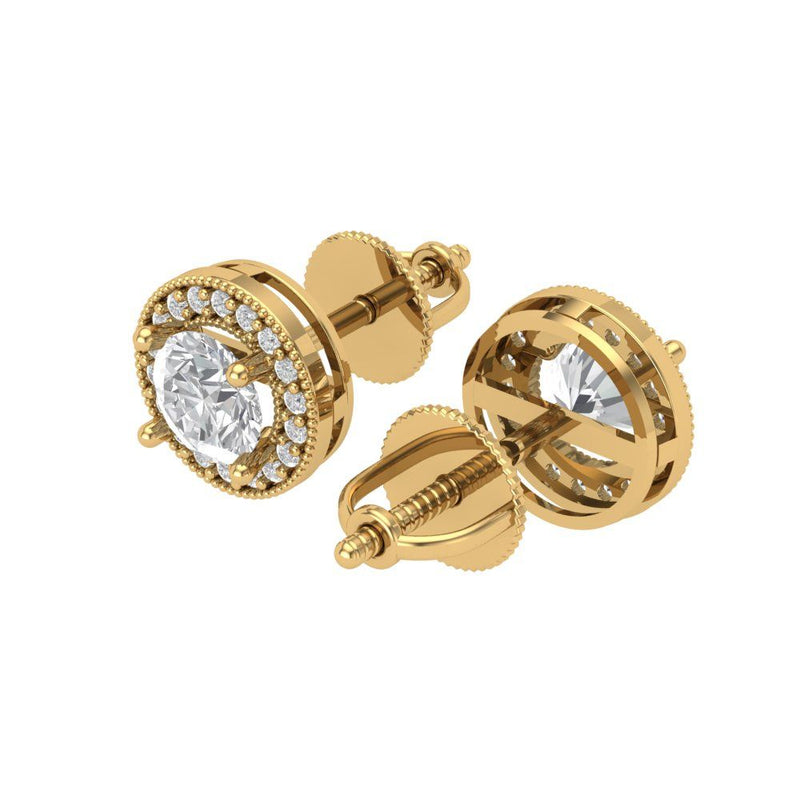 1.18 ct Brilliant Round Cut Halo Studs Clear Simulated Diamond Stone Yellow Gold Earrings Screw back