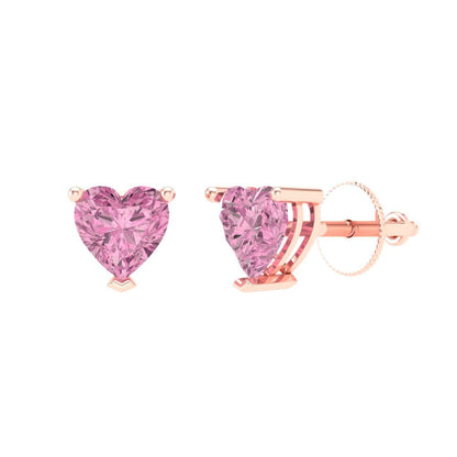 1 ctw Pink Zirconia Studs Earrings | 5mm Heart Cut White Gold Screw back | April Birthstone