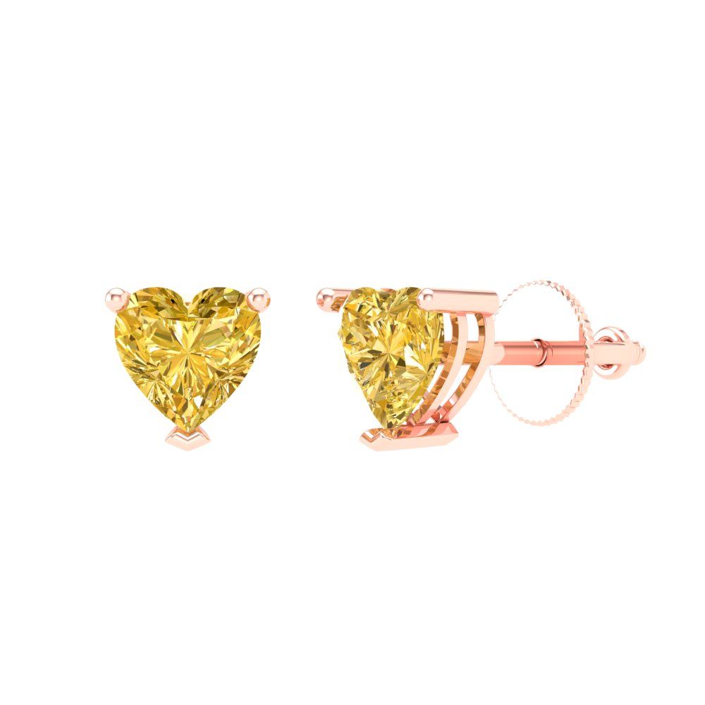 1 ctw Yellow Zirconia Studs Earrings | 5mm Heart Cut White Gold Screw back | April Birthstone