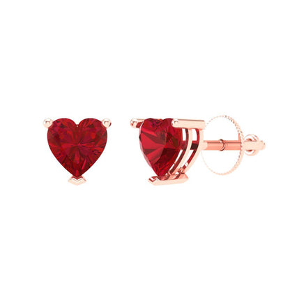 1 ctw Ruby Studs Earrings | 5mm Heart Cut White Gold Screw back | July Birthstone