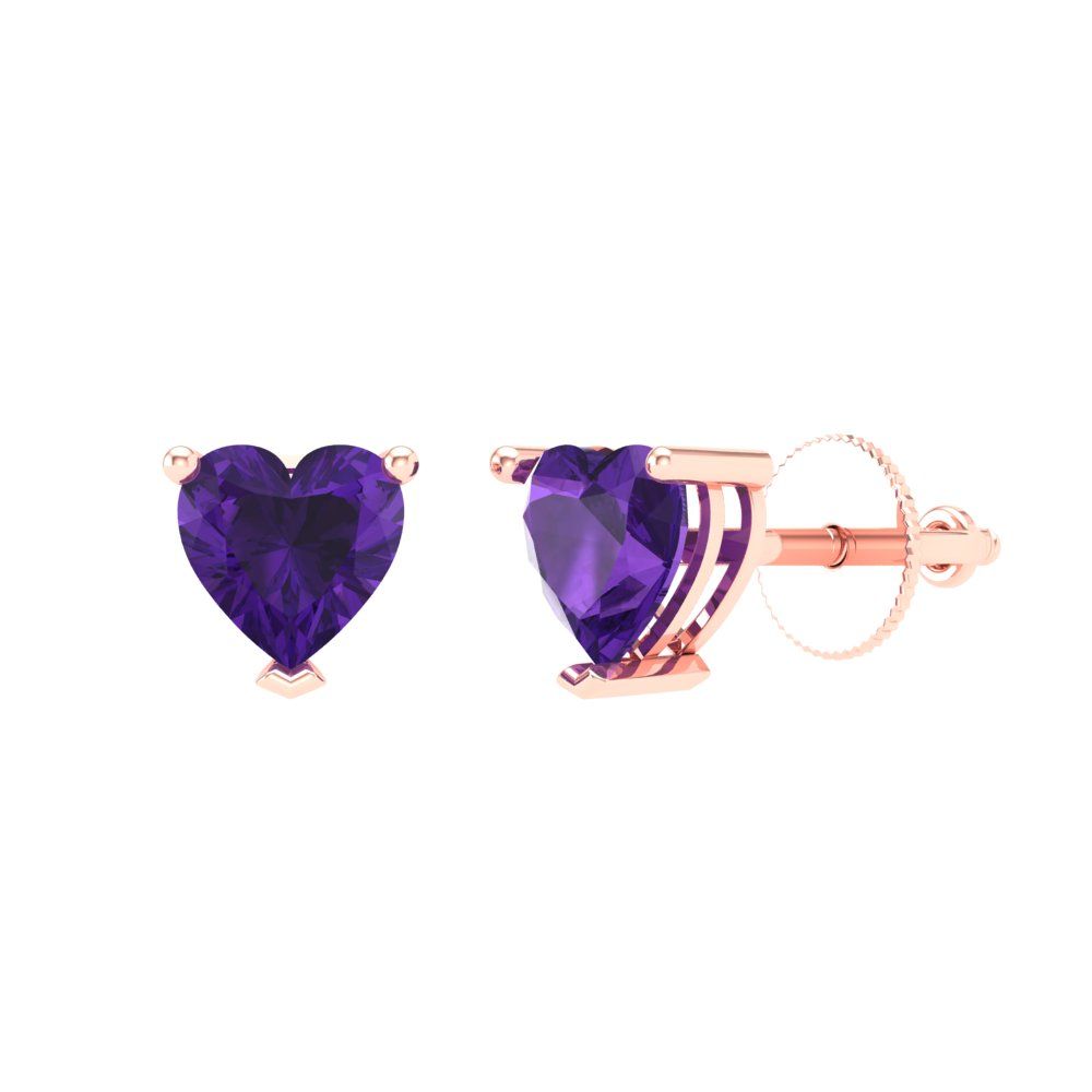 1 ctw Amethyst Studs Earrings | 5mm Heart Cut White Gold Screw back | February Birthstone
