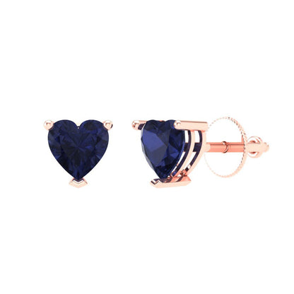 1 ctw Blue Sapphire Studs Earrings | 5mm Heart Cut White Gold Screw back | September Birthstone
