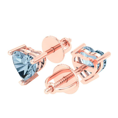 1 ctw Aquamarine Studs Earrings | 5mm Heart Cut White Gold Screw back | March Birthstone