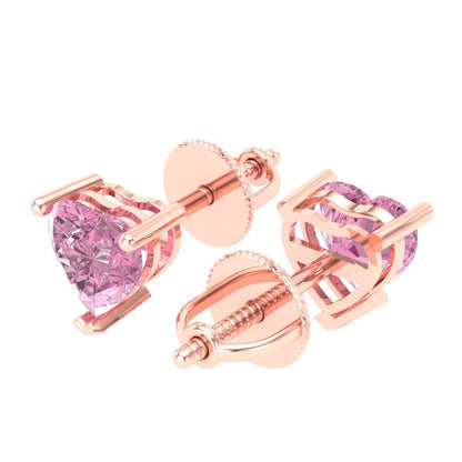 1 ctw Pink Zirconia Studs Earrings | 5mm Heart Cut White Gold Screw back | April Birthstone
