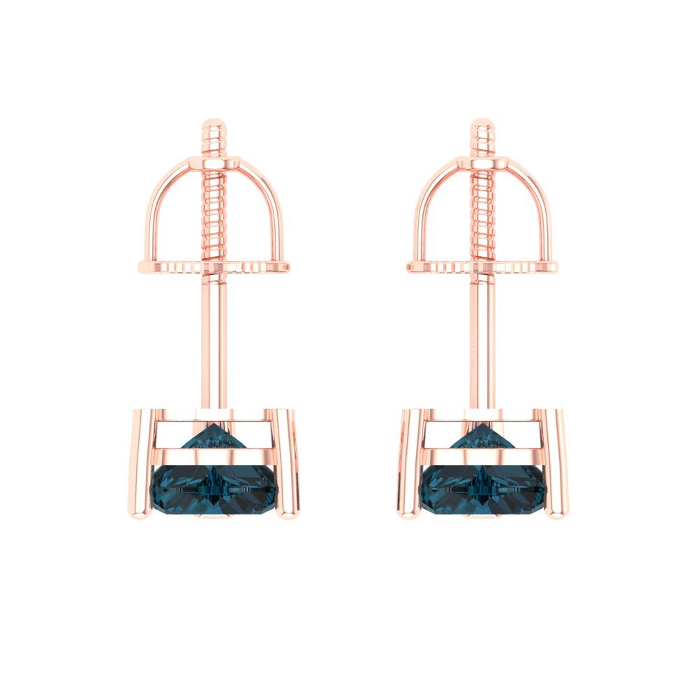 1 ctw London Blue Topaz Studs Earrings | 5mm Heart Cut White Gold Screw back | December Birthstone