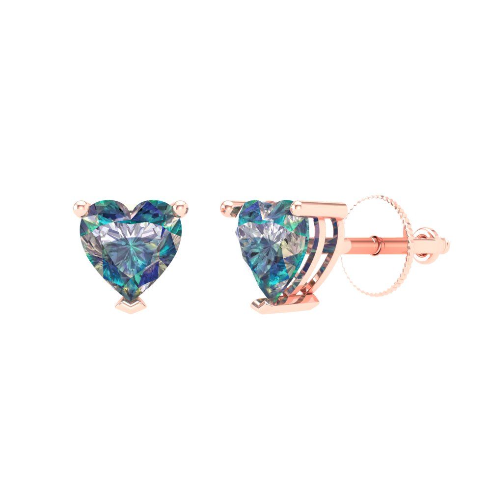 1.5 ctw Blue Moissanite Studs Earrings | 6.0mm Heart Cut White Gold Screw back | April Birthstone