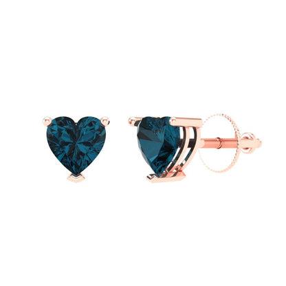 1.5 ctw London Blue Topaz Studs Earrings | 6.0mm Heart Cut White Gold Screw back | December Birthstone