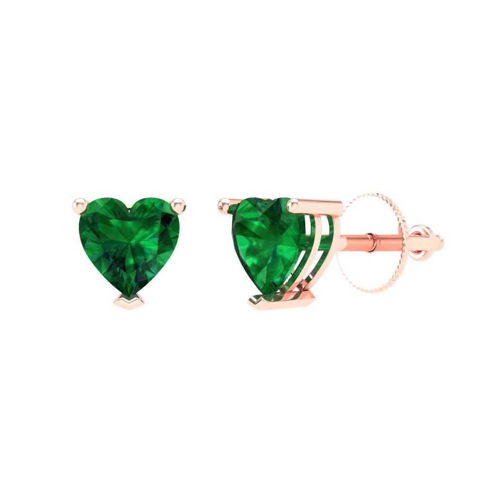 1.5 ctw Emerald Studs Earrings | 6.0mm Heart Cut White Gold Screw back | May Birthstone