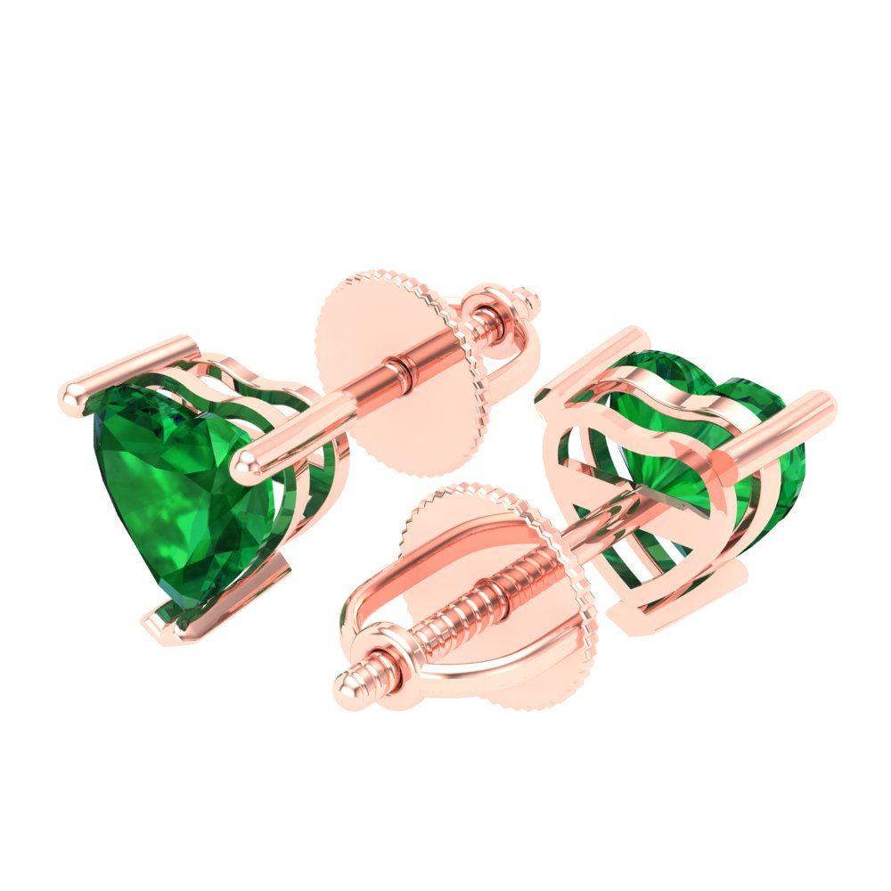 1.5 ctw Emerald Studs Earrings | 6.0mm Heart Cut White Gold Screw back | May Birthstone