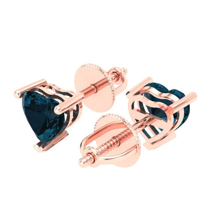 1.5 ctw London Blue Topaz Studs Earrings | 6.0mm Heart Cut White Gold Screw back | December Birthstone