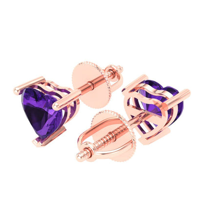 1.5 ctw Amethyst Studs Earrings | 6.0mm Heart Cut White Gold Screw back | February Birthstone