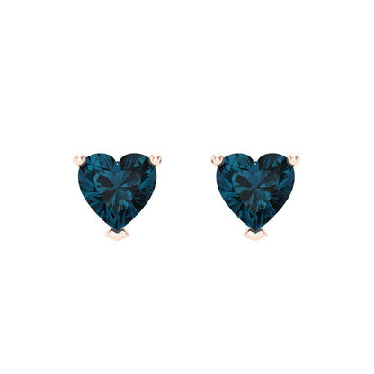 1.5 ctw London Blue Topaz Studs Earrings | 6.0mm Heart Cut White Gold Screw back | December Birthstone