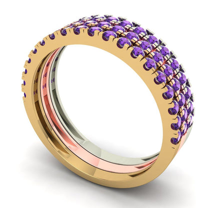 0.855 cttw Natural Amethyst Round Cut White/Rose/Yellow Gold Eternity Wedding Band