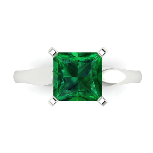 2.5 cttw Simulated Emerald Solitaire  Engagement Ring - Solid White Gold (VVS1, Princess Cut,7.5mm)