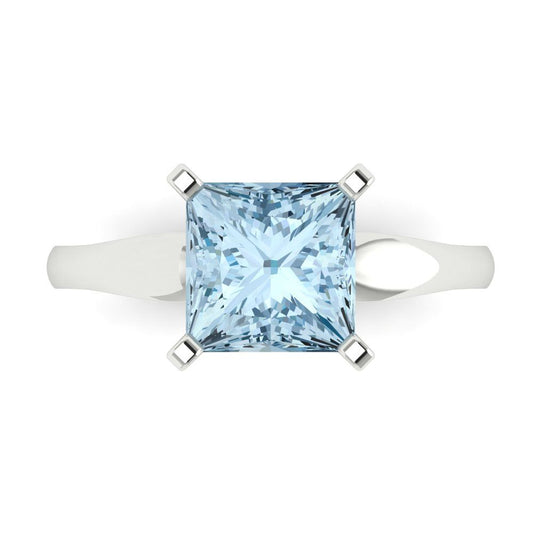 2.5 cttw Natural Aquamarine Solitaire  Engagement Ring - Solid White Gold (VVS1, Princess Cut,7.5mm)