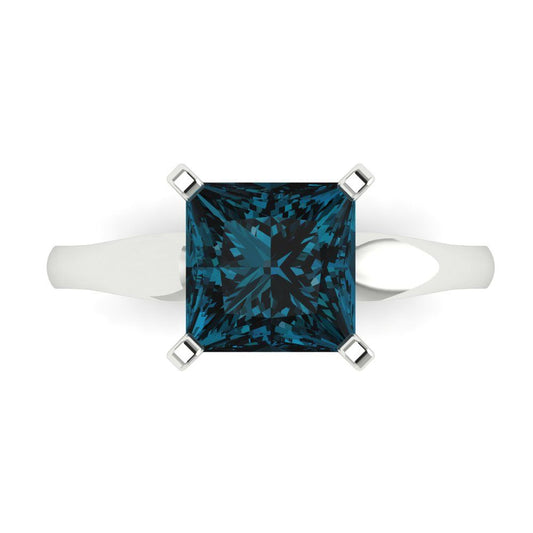 2.5 cttw Natural London Blue Topaz Solitaire  Engagement Ring - Solid White Gold (VVS1, Princess Cut,7.5mm)