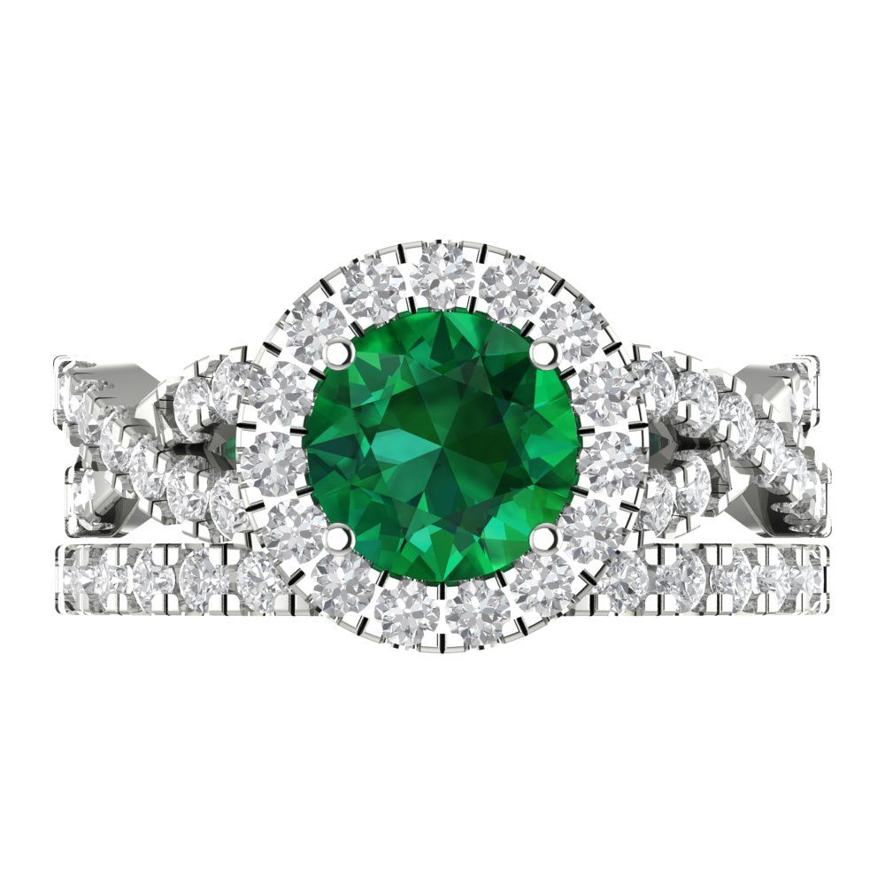 1.795 cttw Round Cut Simulated Emerald Bridal Set - Solid White Gold Engagement Ring & Wedding Band