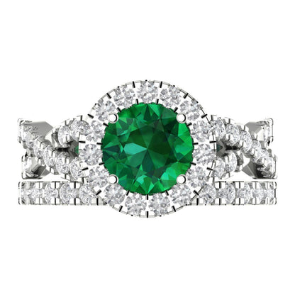 1.795 cttw Round Cut Simulated Emerald Bridal Set - Solid White Gold Engagement Ring & Wedding Band