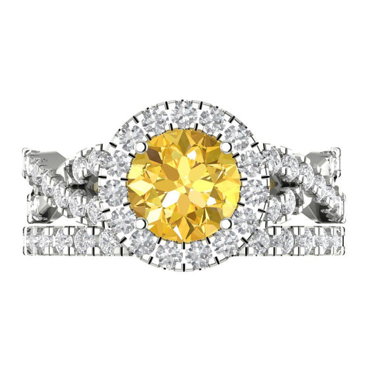 1.795 cttw Round Cut Natural Citrine Bridal Set - Solid White Gold Engagement Ring & Wedding Band