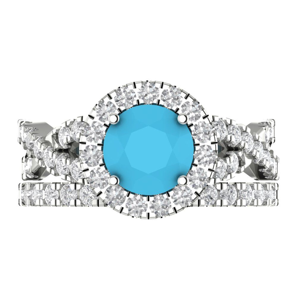 1.795 cttw Round Cut Simulated Turquoise Bridal Set - Solid White Gold Engagement Ring & Wedding Band