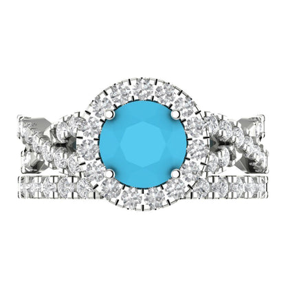 1.795 cttw Round Cut Simulated Turquoise Bridal Set - Solid White Gold Engagement Ring & Wedding Band