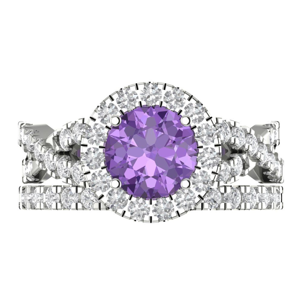 1.795 cttw Round Cut Simulated Alexandrite Bridal Set - Solid White Gold Engagement Ring & Wedding Band