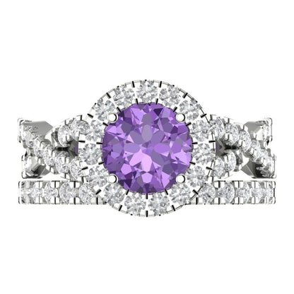1.795 cttw Round Cut Simulated Alexandrite Bridal Set - Solid White Gold Engagement Ring & Wedding Band