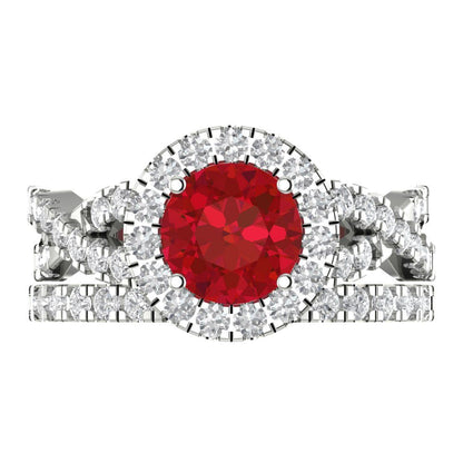 1.795 cttw Round Cut Simulated Ruby Bridal Set - Solid White Gold Engagement Ring & Wedding Band