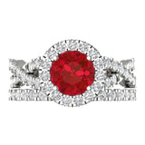 1.92 ct Brilliant Round Cut Simulated Ruby Stone White Gold Halo Solitaire with Accents Bridal Set
