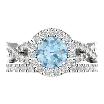 1.795 cttw Round Cut Simulated Blue Diamond Bridal Set - Solid White Gold Engagement Ring & Wedding Band