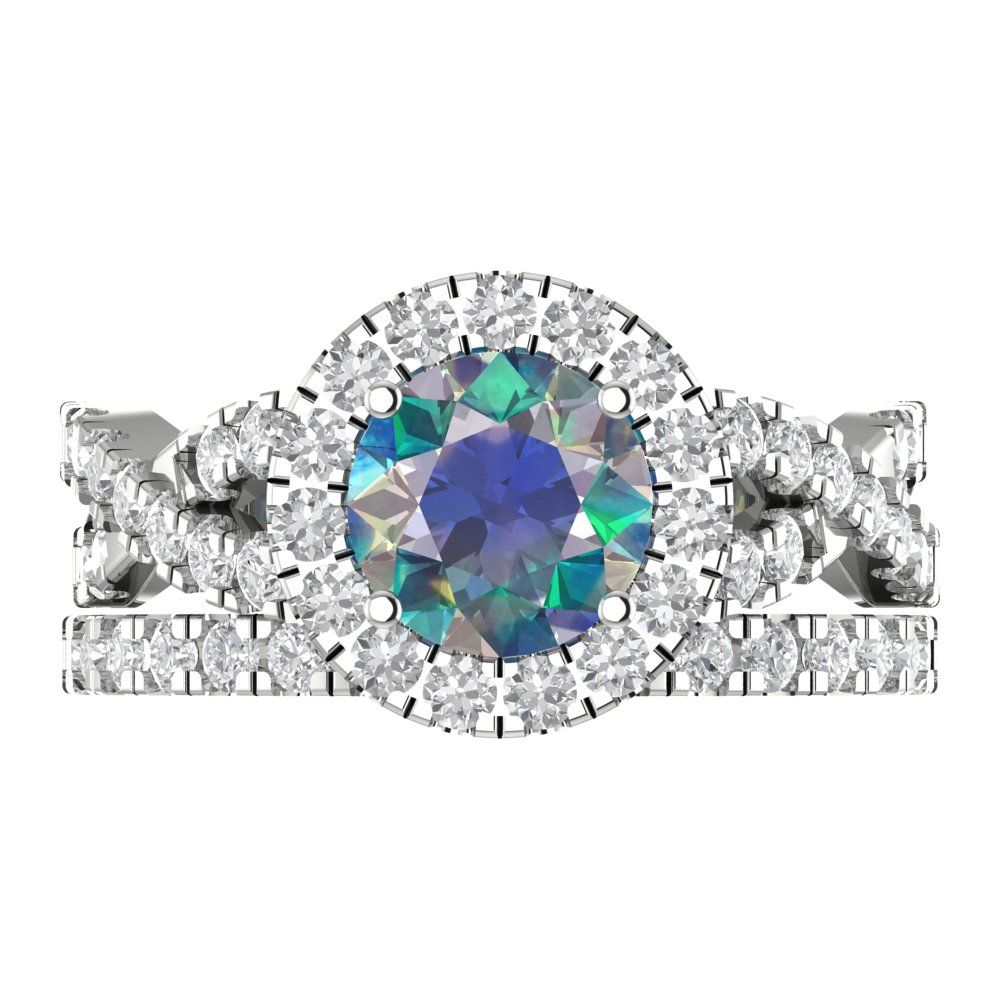 1.795 cttw Round Cut Blue Moissanite Bridal Set - Solid White Gold Engagement Ring & Wedding Band