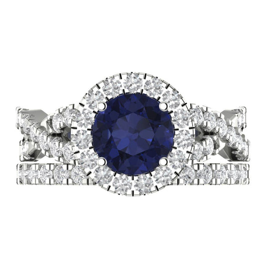 1.795 cttw Round Cut Simulated Blue Sapphire Bridal Set - Solid White Gold Engagement Ring & Wedding Band