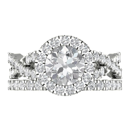 1.795 cttw Round Cut White Sapphire Bridal Set - Solid White Gold Engagement Ring & Wedding Band