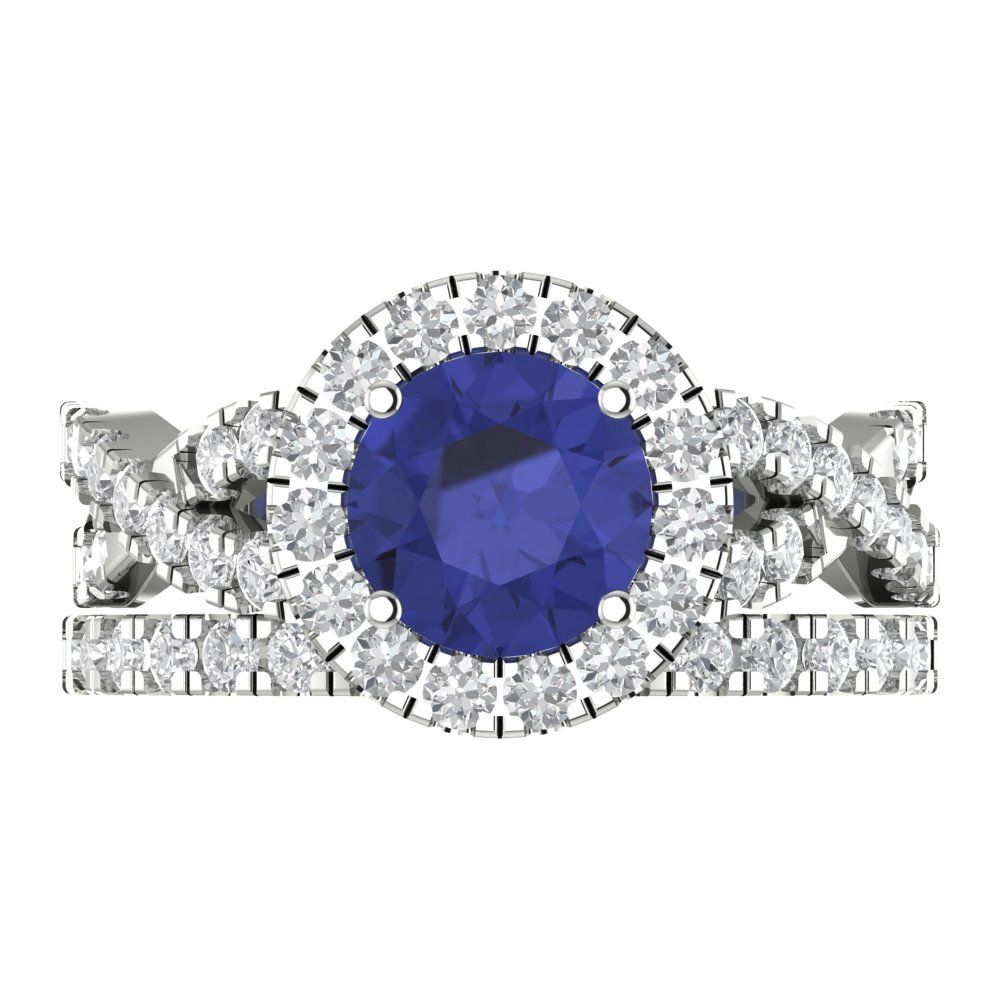 1.795 cttw Round Cut Simulated Tanzanite Bridal Set - Solid White Gold Engagement Ring & Wedding Band