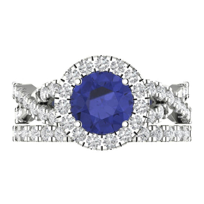 1.795 cttw Round Cut Simulated Tanzanite Bridal Set - Solid White Gold Engagement Ring & Wedding Band